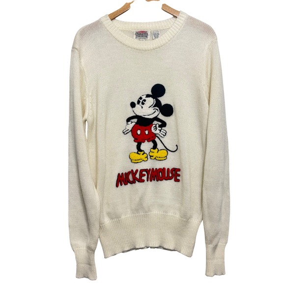 Disney Character Fashions Mickey Mouse‎ Sweater Mens L Cream Embroidered - Picture 3 of 8